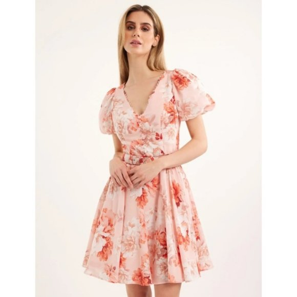 Review | Dresses | Review Sweet Peach Pink Floral Puff Sleeve Linen ...
